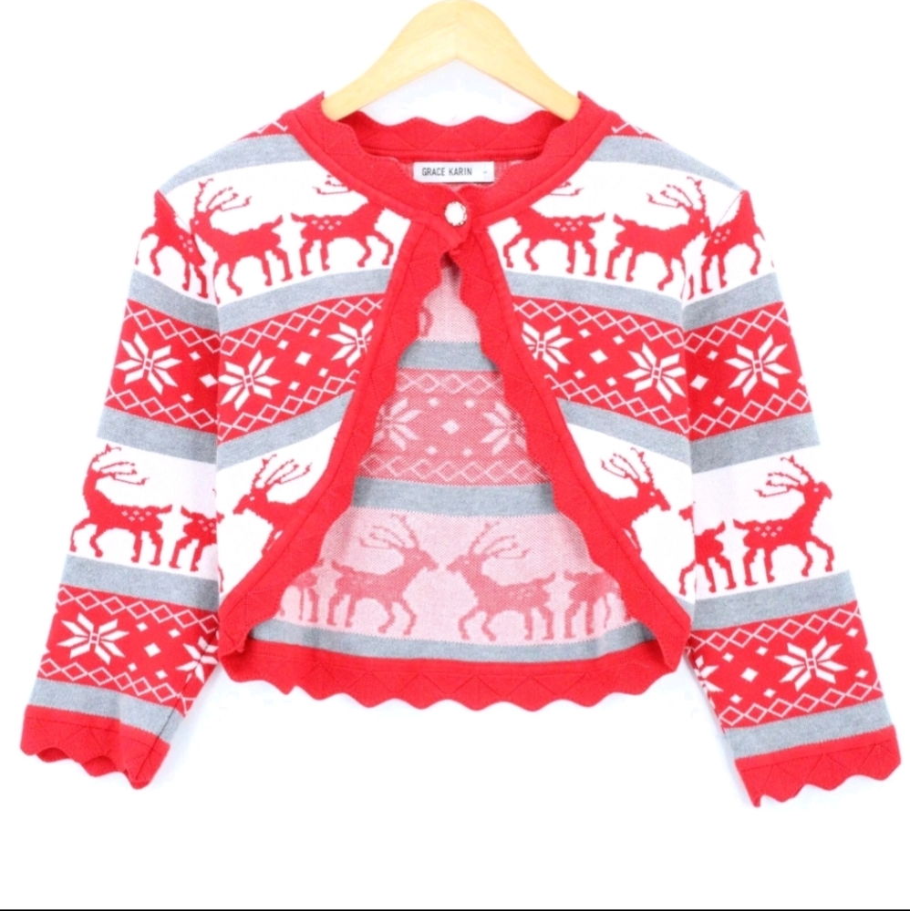 Grace Karin Red and White Reindeer Cropped Cardigan
